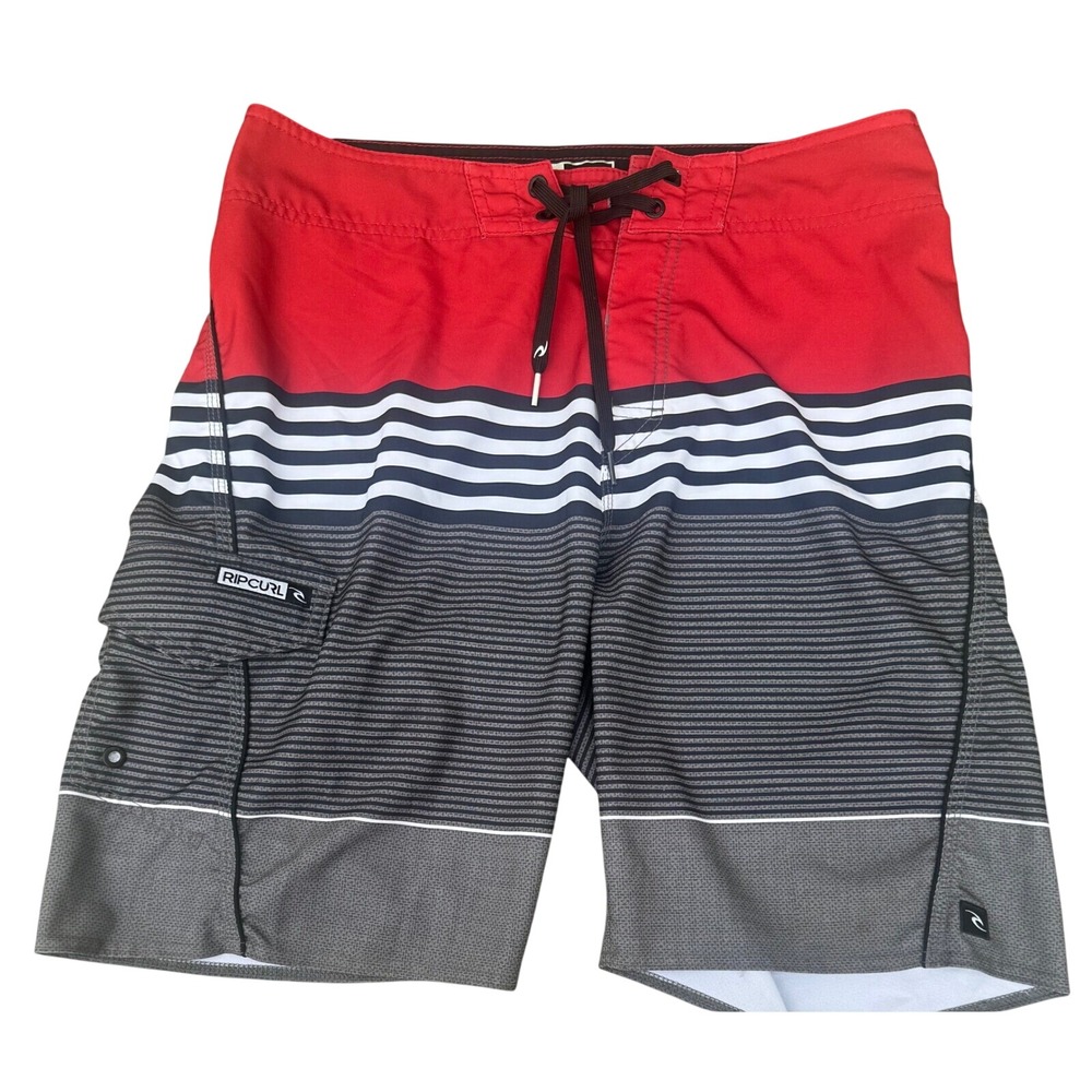 Rip Curl Men's Board Shorts Red White Grey‎ Striped 32 Surfing athletic Trunks